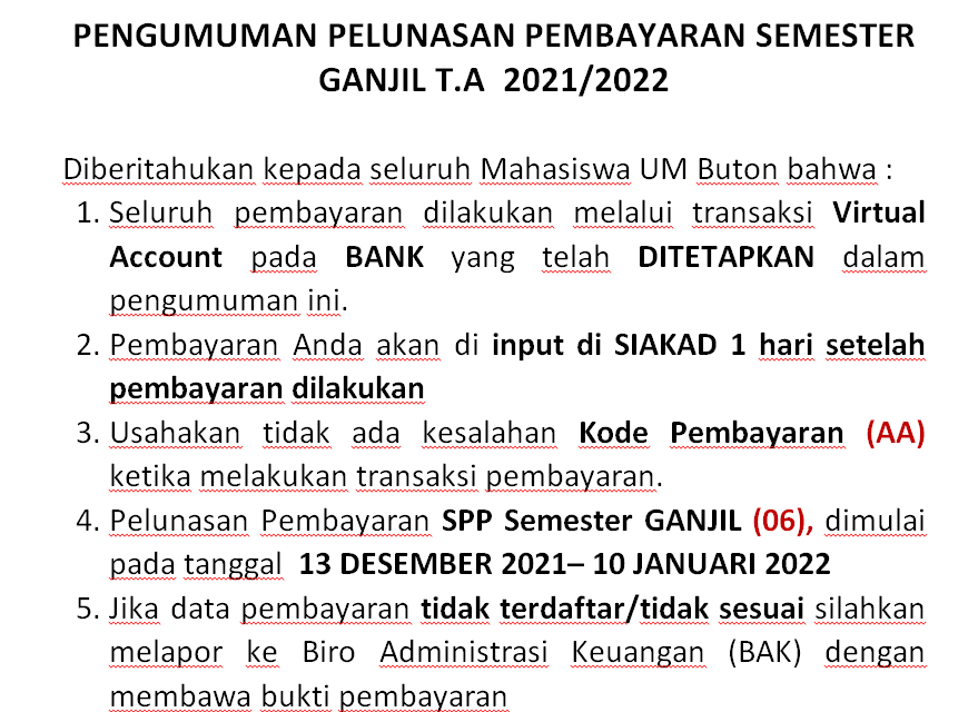 PENGUMUMAN PELUNASAN PEMBAYARAN SPP SEMESTER GANJIL T.A 2021/2022