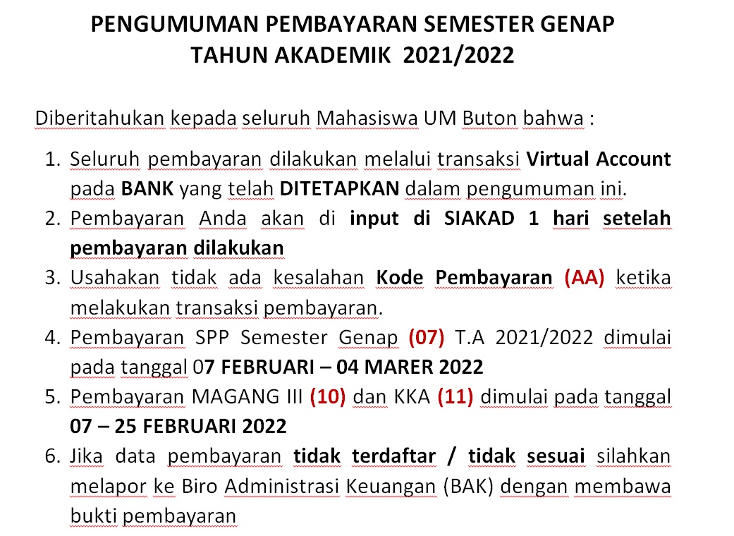 PENGUMUMAN PEMBAYARAN SEMESTER GENAP TAHUN AKADEMIK 2021/2022