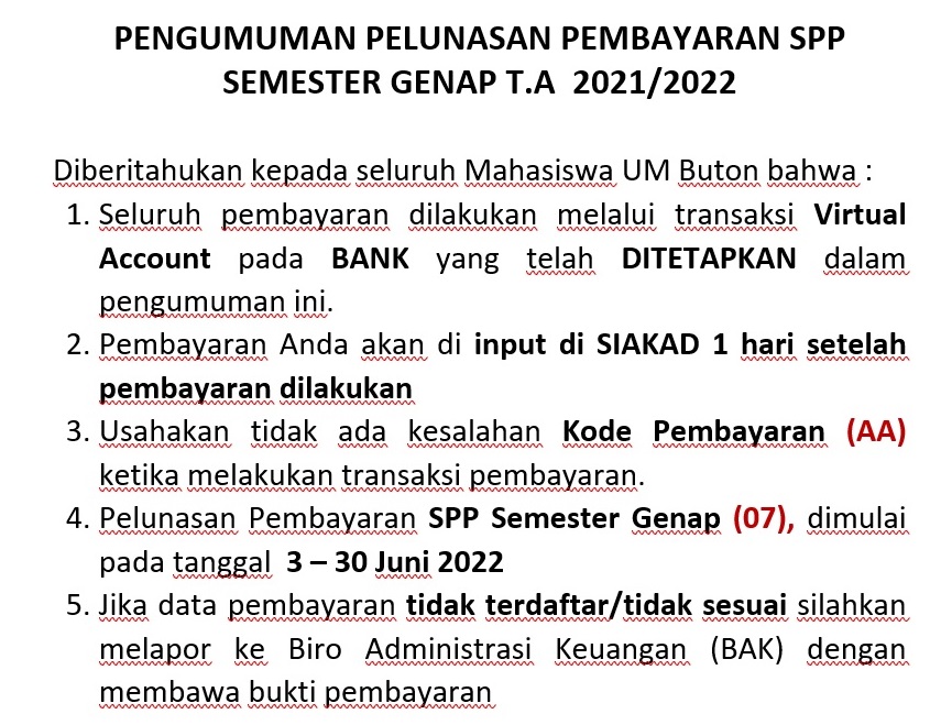 PENGUMUMAN PELUNASAN PEMBAYARAN SPP SEMESTER GENAP T.A 2021/2022