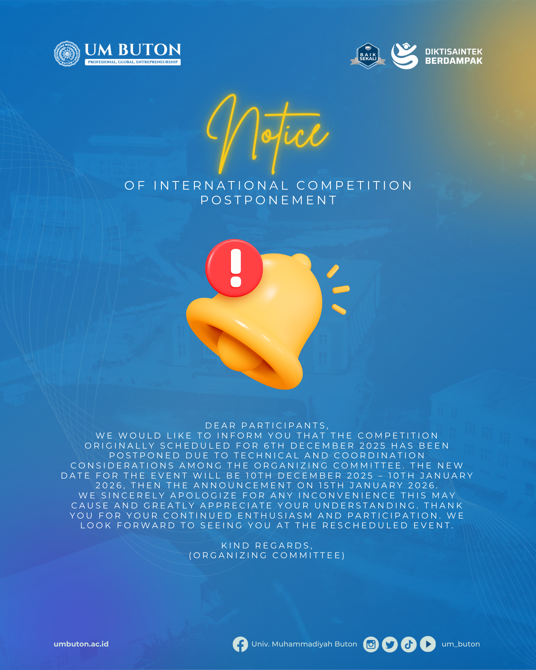 Notice of International Competition Postponement